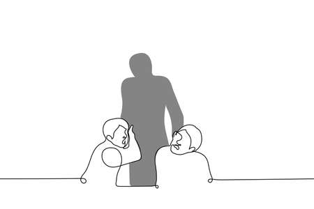 adult person pulls by ears of two teenagers - one line drawing vector. concept of violent punishment of childrenのイラスト素材