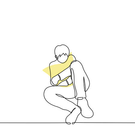 man lay down in an embrace with a pillow - one line drawing vector. concept of being sad alone, missing someone, depression, griefのイラスト素材
