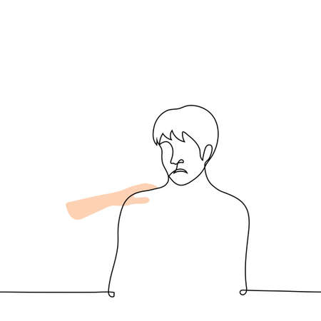 sad man being comforted - one line drawing vector. concept of comforting someone, help out of nowhere or unpleasant when you are touchedのイラスト素材