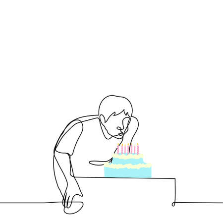 man blowing out the candles on the cake - one line drawing vector. the birthday boy bent over a table with a two-story cake. concept celebrate birthday aloneのイラスト素材
