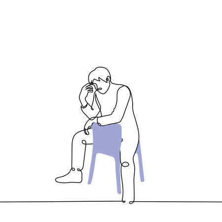 man sits on a chair incorrectly with his hands resting on the back of the chair - one line drawing vector. concept informal sitting postureのイラスト素材