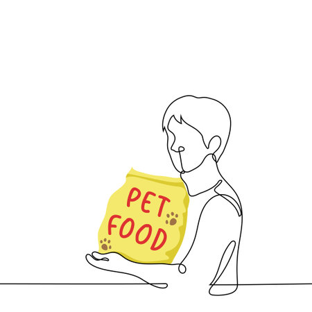 man holding big bag of pet food - one line drawing vector. concept the buyer of the owner of the animal (dog, cat) holds a package with foodのイラスト素材
