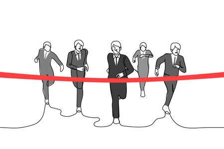 crowd of businessmen running towards red finishing tape - one line drawing vector. concept...