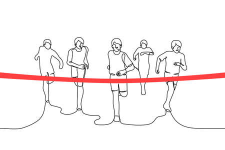 athletes runners approaching the finish line - one line drawing vector. concept sports marathon, charity runのイラスト素材