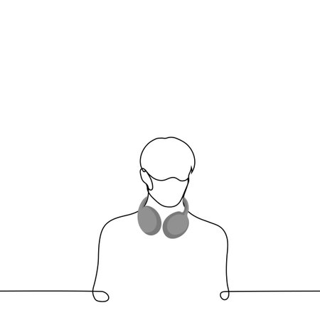 man wearing a mask and overhead headphones hanging around his neck - one line drawing vectorのイラスト素材