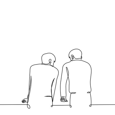 men are leaning over the table and discussing something - one line drawing vector. concept make a decision, develop a plan, discussion, brainstormingのイラスト素材