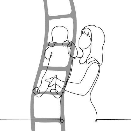 woman helps baby climb rope ladder, baby is too small for this - one line art vector. concept help to mother, role of parental figureのイラスト素材
