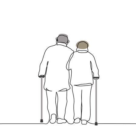 elderly couple walking together with canes in their hands, view from the back - one line art vector. concept couple of old people walking with difficultyのイラスト素材