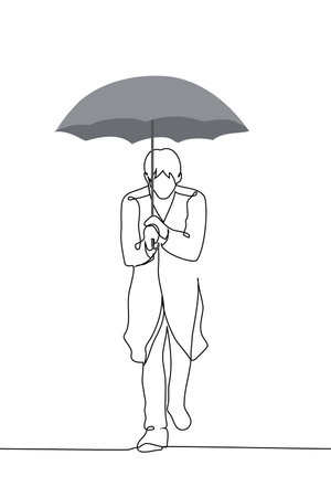man in long raincoat walks under umbrella full length blown by wind - one line art vector. concept lonely man keeps walking in rainのイラスト素材