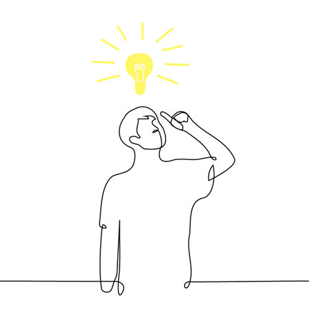 man has an idea, he stands with his index finger up and an immaterial lamp is burning above him - one line art vector. concept idea, inspiration, brainstormingのイラスト素材
