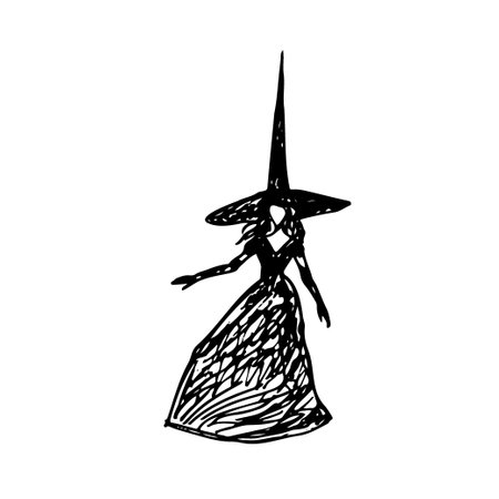 drawing of a witch in a big pointed hat, dress and gloves in grunge style - hand drawn line sketchのイラスト素材