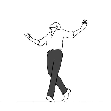 male artist standing accepting applause or performing - one line art vector. concept handsome slim man in shirt and trousers enjoying himself and the audience's reactionのイラスト素材
