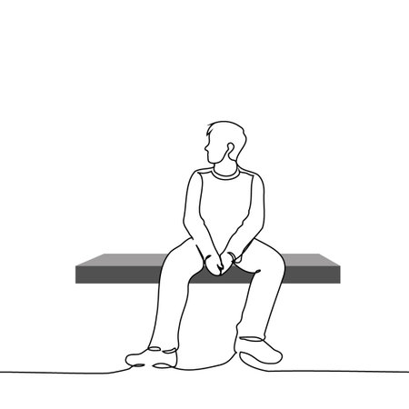 man sitting alone with legs spread wide on bench - one line art vector. concept loneliness, rest on bench, waitingのイラスト素材