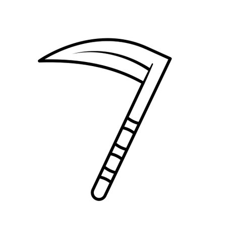 A hand drawn sketch outline of a traditional sickle, commonly used for harvesting crops, featuring a curved blade and detailed handle designのイラスト素材