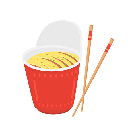 Instant Noodles in Red Cup with Open Lid and Chopsticks, Perfect for Food Packaging, Restaurant Menus, Culinary Branding, and Fast Food Illustrationsのイラスト素材