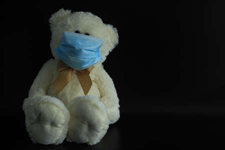 Teddy bear in a mask on a black background