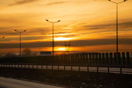 Sunset in the city. City at sunset. City landmark at sunsetの写真素材