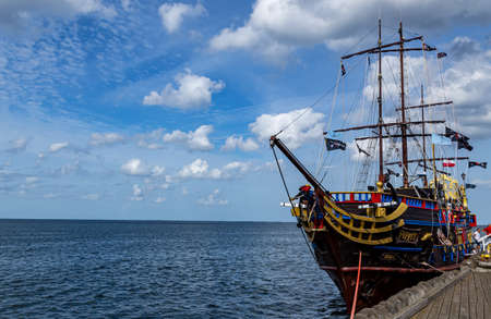 Pirate ship moored at the pier in Sopotの写真素材
