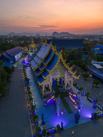 Aerial View Of Blue Temple In Chiang Rai At Sunset, Thailandの写真素材
