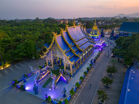 Aerial View Of Blue Temple In Chiang Rai At Sunset, Thailandの写真素材