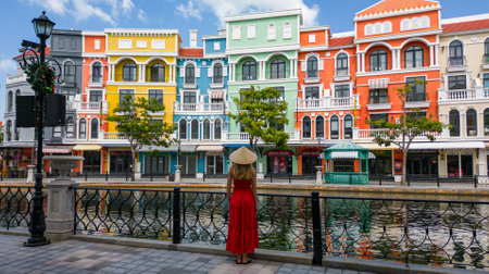 Tourist exploring Grand World on Phu Quoc Island, Vietnam. Concepts of Vietnam travel, tourism, and adventure.の写真素材