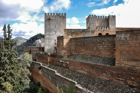 Granada  Andalusia, Spain  Alhambra, Arab-Islamic fortress, wall and towersの写真素材