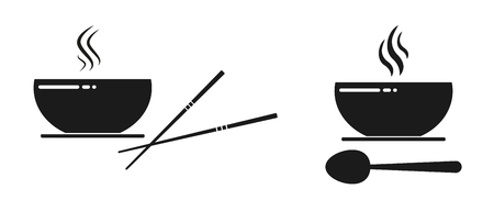 Black bowl with soup icon and spoon.のイラスト素材