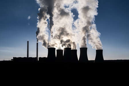 coal fired power station and Combined cycle power plant at sunset, Pocerady, Czech Republic