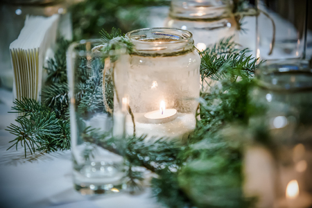 Christmas decorations on a rustic wood backgroundの写真素材