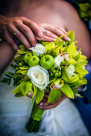 Bouquet from flowers and fruitの写真素材