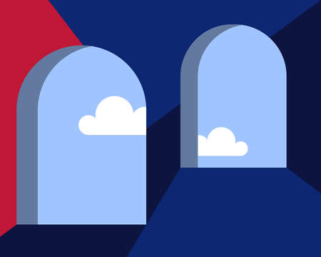 Abstract geometric background with stylized arched windows, blue sky and cloudsのイラスト素材