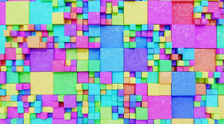 Fun background made of colorful cubes of different sizesの写真素材