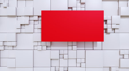 3D template with a red frame and a geometric background of white cubes of different sizesの写真素材