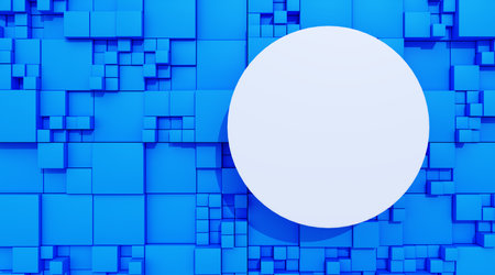 3D template with round frame and a geometric background of white cubes of different sizesの写真素材
