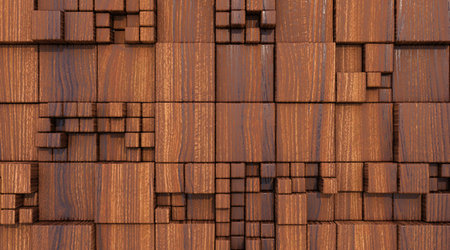 Textured background of cubes of different sizes with the texture of red polysanderの写真素材
