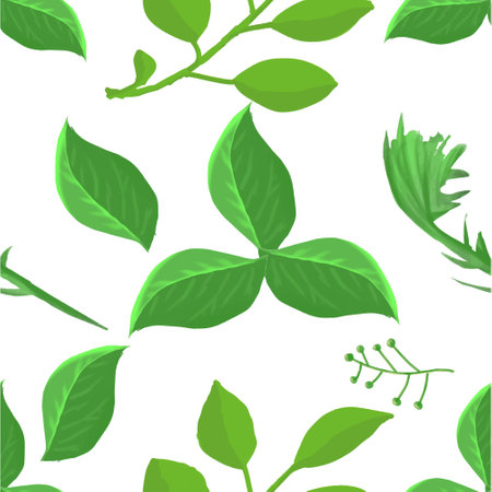 Seamless floral pattern with hand drawn leaves and branches on a transparent background. Fashion design in ecological style.のイラスト素材