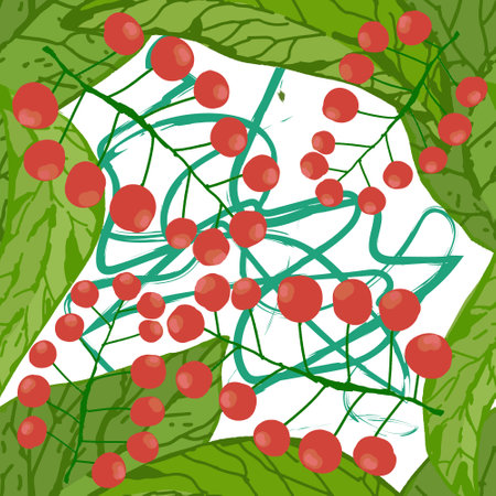 Seamless floral pattern with hand draw leaves and branches and red berries on a transparent background. Design of clothes in ecological style.のイラスト素材