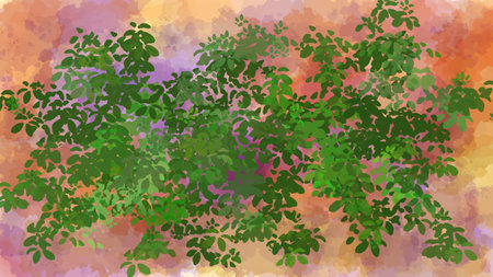 Hand drawn bouquet of green leaves on a colored watercolor background. Unique template for creative works, designのイラスト素材