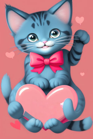 Valentines Day, illustration with a cat in cartoon style and heartsの素材