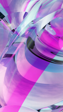 A stunning 3D-rendered abstract background featuring smooth, flowing glass-like waves with glossy reflections and soft lighting.の写真素材