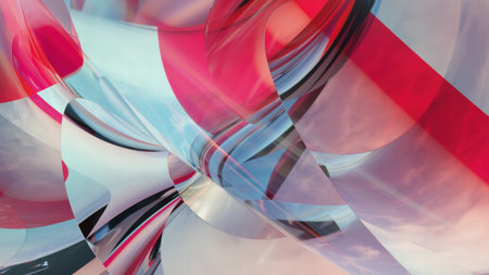 A stunning 3D-rendered abstract background featuring smooth, flowing glass-like waves with glossy reflections and soft lighting.の写真素材