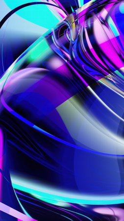 A stunning 3D-rendered abstract background featuring smooth, flowing glass-like waves in blue and green tones with glossy reflections and soft lighting.の写真素材