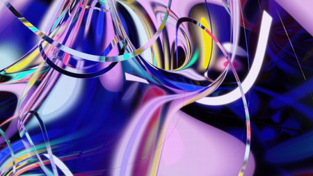 A stunning 3D-rendered abstract background featuring smooth, flowing glass-like waves in blue and green tones with glossy reflections and soft lighting.の写真素材