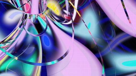 A stunning 3D-rendered abstract background featuring smooth, flowing glass-like waves in blue and green tones with glossy reflections and soft lighting.の写真素材