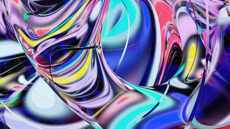 A stunning 3D-rendered abstract background featuring smooth, flowing glass-like waves in blue and green tones with glossy reflections and soft lighting.の写真素材
