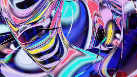 A stunning 3D-rendered abstract background featuring smooth, flowing glass-like waves in blue and green tones with glossy reflections and soft lighting.の写真素材