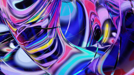 A stunning 3D-rendered abstract background featuring smooth, flowing glass-like waves in blue and green tones with glossy reflections and soft lighting.の写真素材