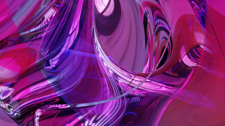 A stunning 3D-rendered abstract background featuring smooth, flowing glass-like waves in blue and green tones with glossy reflections and soft lighting.の写真素材