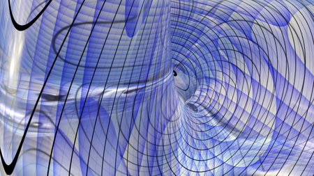 A stunning 3D-rendered abstract background featuring smooth, flowing glass-like waves in blue and green tones with glossy reflections and soft lighting.の写真素材