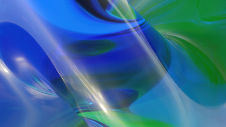 A stunning 3D-rendered abstract background featuring smooth, flowing glass-like waves in blue and...